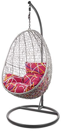 Kideo Komplettset: Hängesessel mit Gestell & Kissen, Korbsessel, Poly-Rattan (Gestell- und Korbfarbe: grau, Kissen: pink/Gemustert Nest (3021_be_Abstract))
