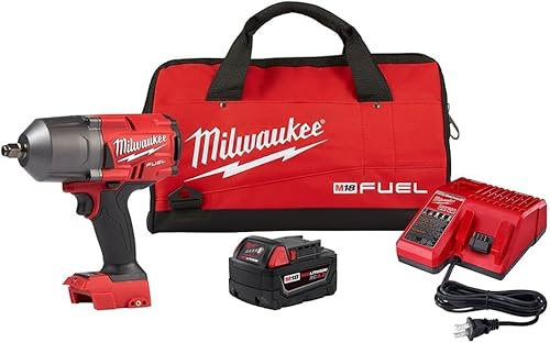 Milwaukee 2767-21B M18 FUEL 18 Volt Lithium-Ion Brushless Cordless 1/5.1 cm Schlagschrauber w/Reibring (2767-20) w/One XC5.0 Ah Akku, M18/M12 Multi-Spannungs-Ladegerät und Bauunternehmertasche
