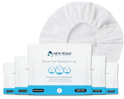 New Road Health Supply - Rinse Free Shampoo Cap, Shampoo and Condition Without Water, Shower Cap for Women and Men, PH Balanced and Hypoallergenic, for Camping Essentials, Elderly, 6-Pack