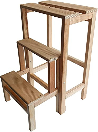 ELETTROFERRO Tabouret échelle en bois de hêtre naturel pliable peu encombrant – échelle 3 marches à rabat.