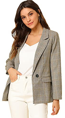 Allegra K Women's Notched Lapel One Button Boyfriend Blazer Suit Houndstooth Work Office Blazers Jacket, Light Coffee, S