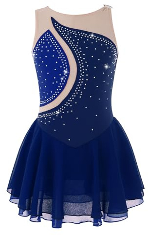Alvivi Vestito da Pattinaggio Artistico Bambina Leotards Strass Body Danza Classica Abito da Ballo Costumi di Danza Ballerina Samba Rumba Salsa Jazz Danza Moderna A Dark Blue 12 Anni