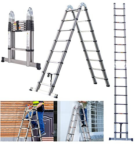 Heavy Duty Telescoping Ladder 5m, Folding Telescopic Ladder Extendable 16 Steps, Can Be Straight Or A-Frame Ladder, EN131 Certification, 150KG Capacity