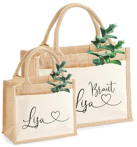 Amberger Design Jutetasche personalisiert mit Wunschname – Nachhaltige Geschenktasche aus Jute & Baumwolle – Ideal für JGA, Hochzeit, Brautjungfern, Trauzeugin – Größe S, M, L