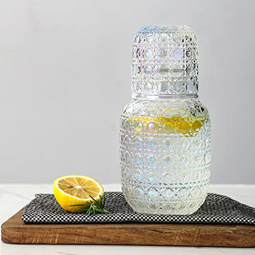 ZWMBYN Vintage Nachttisch Wasserkaraffe und Glas Set, Kristall Nachttisch Wasserkaraffe mit Tumbler Glasbecher, Eleganter Mundspüler Dekanter & Wasserkrug zur Aufbewahrung von Getränken