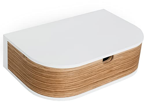 Valiai Schweberegal mit Schublade – Hängendes Wandregal Holz – Hängende kleine Wandregale mit Schublade – Schwebendes Wandregal mit Schublade (Weiß/Eiche, Regal mit 1 Schubladen)