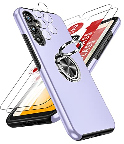 LeYi for Samsung Galaxy A34 Phone Case with 2 Screen and 2 Lens Protector | Shockproof 360° Magnetic Ring Holder Silicone PC Protective Phone Cover Purple