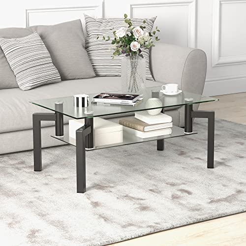 LIFEZEAL Mesa de Café de Cristal Templado con Estante Inferior | Mesa de centro rectangular para salón, mesa de café de cristal, 100x60x43cm