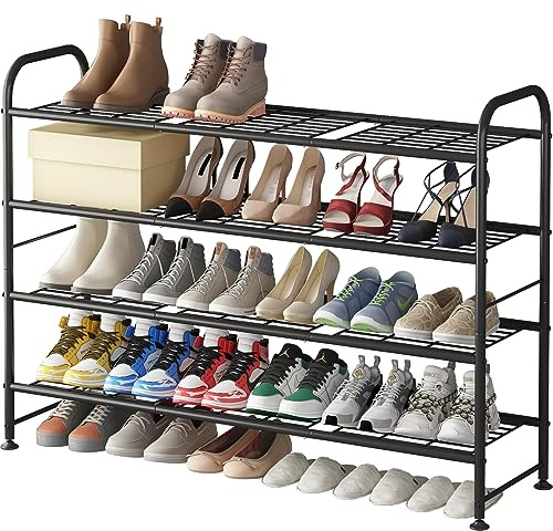 LINZINAR Shoe Rack Long 4 Tier Shoe Storage Organizer Metal Wide Shoe Shelf for Closet Entryway Bedroom 24 Paris Large Capacity, Gold Black