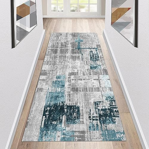 Siunwdiy Teppich Läufer Flur Küche Waschbar rutschfest 50x280cm Abstrakte Vintage grau und blau Lang Küchenteppich Flurteppich Teppich Fur Korridor Wohnzimmer Schlafzimmer Meterware Anpassbar