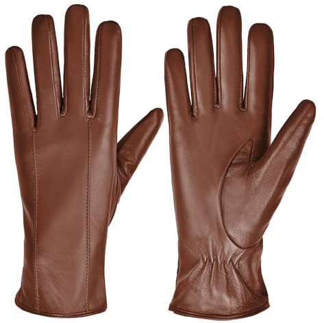 MGGMOKAY Damen Lederhandschuhe Touchscreen Handschuhe Warm Echtes Leder mit Kaschmir Gefüttert,Rötlich-braun,L