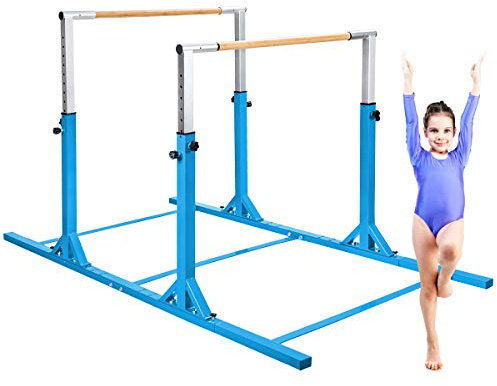 GYMAX Double Barre de Gymnastique Réglables en Hauteur et Distance, Barre de Danse Robuste Stable en Métal et Bambou, pour Enfants de 6-12 Ans, Barre pour Entraînement, Fitness (Bleu)