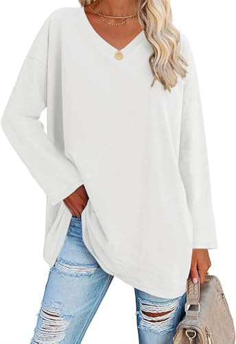 Ebifin oversize långärmad tröja damer lång tröja v-ringad topp långärmad t-tröjor tröja basic tunika tetoppar., Vit, S