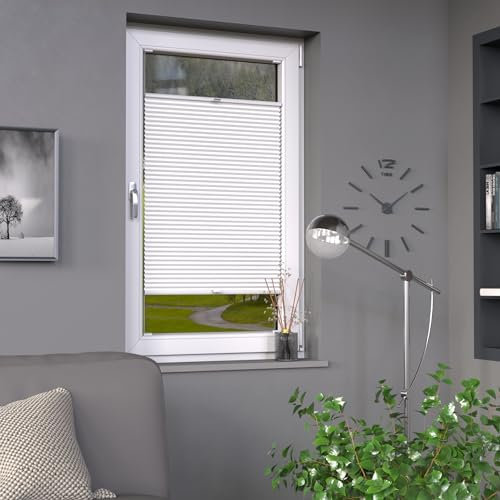 Deco-Raum Plissee auf Maß für alle Fenster innen, Montage in Glasleiste mit Spannschuh, Plissee mit Bohren Faltrollo Sichtschutz und Sonnenschutz Farbe Weiß B:41-50 cm, H: 40-100 cm