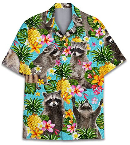 fifbird Funny Horse Chemise hawaïenne à manches courtes pour homme et femme, coupe décontractée, boutonnée, taille XL, Ananas Raton laveur, XXL