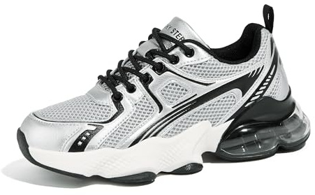 LUCKY STEP Women's Air Cushion Running Shoes Athletic Tennis Sneakers Lightweight Sports Mesh Gym Jogging Workout Walking Shoes(Black/Silver,7 B(M) US)