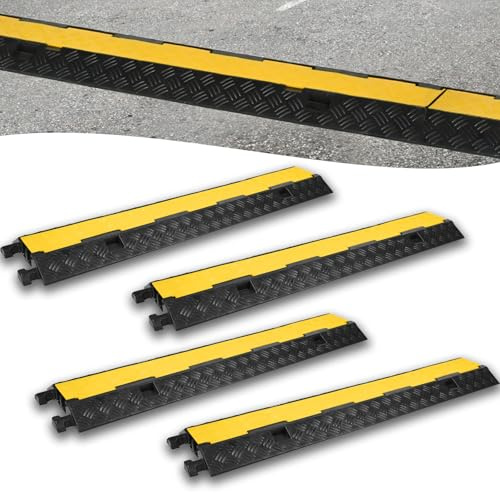 Froadp Lot de 4 goulottes de câbles de sol 100 cm avec 2 canaux de protection contre les débordements, pont de câble, en caoutchouc, pour parking, entrepôt, atelier