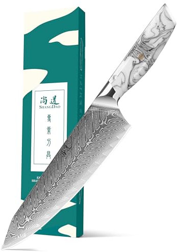 SHANGDAO Cuchillo de chef, cuchillos de cocina japoneses de Damasco de 20 cm, cuchillo de chef con mango de resina de acero VG10, cuchillos de chef con acabado martillado