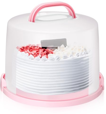 Baderke 10 Inch Round Cake Carrier with Lid and Handle - Two Sided Cake Holder & Box for Transport, Pie, Cupcake(Pink)