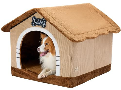 Jiupety Hundhus för inomhusbruk med ram, stor hundgrotta säng, isolerad mysig, lämplig för 25-27 kg, stort plus (30 tum x 26 tum x 25 tum), brun
