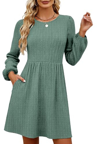 GRMLRPT Robe Femmes Casual Elégante Robe Pull Tunique à Manches Longues Robe A-Line à Col Rond pour Femme Automne et Hiver(Vert,L)