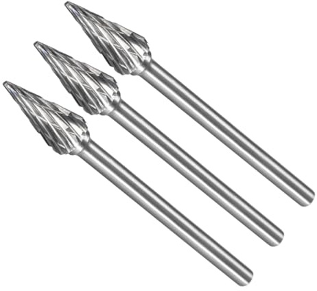 CoCud Tungsten Carbide Rotary Burrs File, 1/8 Shank 6mm Dia, Double Cut Pointed Cone M Type Rotary Burrs Tool - (Applications: for Metal Carving), 3-Pieces