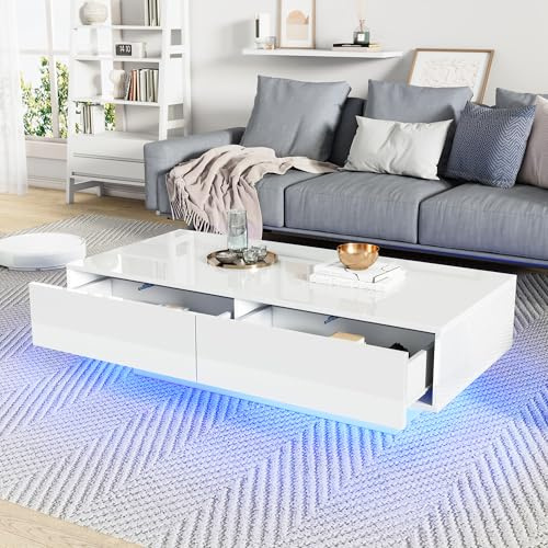 BTM Moderner Hochglanz Couchtisch in Weiß, 115 x 55 x 34 cm, mit 2 Schubladen, LED-Beleuchtung und 30 kg Tragkraft – Eleganter Wohnzimmertisch