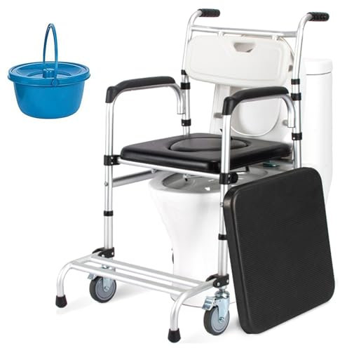 vanenferse Sedia da Toilette Comodino Regolabile in Altezza con Secchio Rimovibile, Sedia da Doccia con Rotelle in Lega Alluminio con Braccioli E Schienale per Anziani Adulti, capacità Peso di 150 kg
