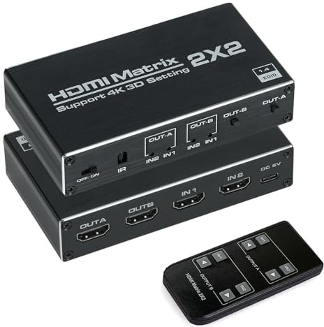 HDMI Matrix 2x2 Matrix Switch 2 in 2 Out Switcher Splitter Box con telecomando IR Supporto Ultra 4K@60Hz YUV 4:2:0, 4K @30Hz, 3D, 1080P, HDMI 1.4, HDCP 1.4