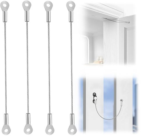 4pcs Cabinet Door Window Restrictor 8 Inch 20 Cm Stainless Steel Flap Stay Stop Restraint Wire Rope Flexible Lightweight Braided Cable Hinge Limiter for Chest Cupboard Door Curtains Hanging Lamps Etc