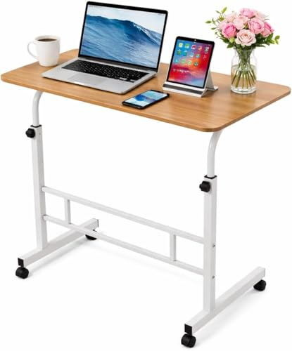 Zanbeel Mobile Laptop Desk with Wheels, Height Adjustable Side Table for Sofa and Bed Wood