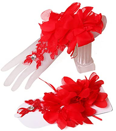 Holibanna 1paar Koreanische Hochzeits-handschuhe Mit Blumen-design Und Strass Brauthandschuhe Rot Für Hochzeiten Und Besondere Anlässe