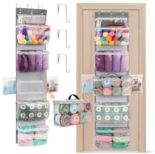 Aeelike Hängender Garn Wolle Aufbewahrungs Organizer, 8 Reißverschlussfächern, Große Kapazität Strick Yarn Storage Organizer, Garnaufbewahrung Tasche mit Klettverschluss für Stricknadeln, Häkelnadeln