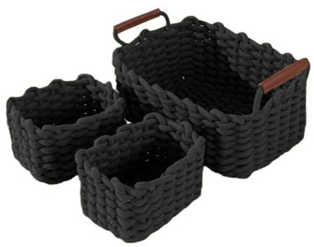 Icegrey Cestas de Algodon Rectangular Organizador de Almacenamiento Storage Basket Naturales Decorativas Para HabitacióN De Bebé, Dormitorio, Sala De Esta, Negro, Set de 3