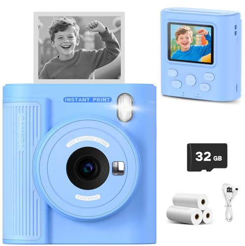 Zicor Kinderkamera mit Sofortdruck, 3-12 Jahre, 1080HD Digitale Sofortdruck-Kamera für Jungen & Mädchen, ideales Weihnachts- oder Geburtstagsgeschenk mit 32GB SD-Karte, einfach zu bedienen - Blau