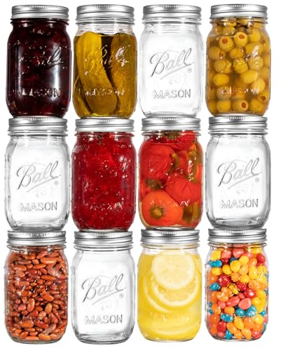Ball Regular Mouth Mason Jars 16 oz. (12 Pack) - Pint Size Jars with Airtight Lids and Bands for Canning, Fermenting, Pickling, Meal Prep or DIY Decors and Projects Bundled with Peeknip Jar Opener
