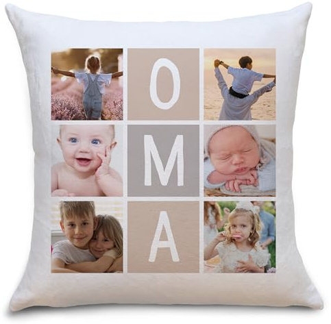 OWLBOOK® Personalisiertes Foto Kissen mit 6 Fotos selbst gestalten Oma Geschenke | Personalisierte Geschenke für Oma | Fotokissen Polster 40x40 cm zzgl. Füllung