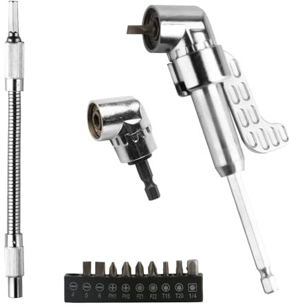 2 Right Angle Drill Attachment, 90 Degree 105 Degree Right Angle Drill Adapter Set 1/4 Inch Hex Shank, for Cordless Drills Screwdrivers(1 Short, 1 Long), + 1 Flexible Extension Bar & Set of 10 Bits