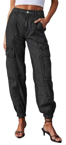 Vaqueros cargo de corte ancho para mujer, cintura elástica y puños en el tobillo, vaquero informal, 35, M