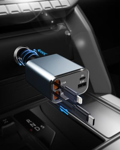 Rocketek 4-in-1 Zigarettenanzünder USB-C 69W Auto-Ladegerät, USB-Auto-Ladegerät, Schnellladegerät, ausfahrbares Auto-Adapter, kompatibel mit iPhone 16 15 14 Pro, Samsung Galaxy S24 23, Pixel, Huawei