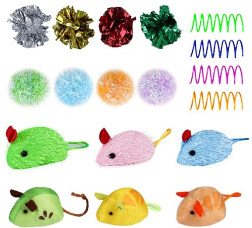 BellaGesundheit Juego de 18 juguetes para gatos – Accesorios interactivos para gatos con bolas para gatos, ratones crujientes y plumas en espiral, juguete para gatitos y gatos adultos movimiento