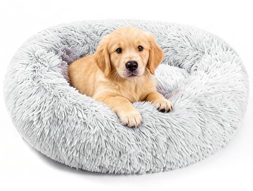 Pmueuff Hundebett Donut für Mittelgroße Haustiere, Flauschig Kuscheliges Katzenbett mit Waschbarem Bezug, Rund Hundekissen Rutschfestem Boden, Hundekorb Langer Plüsch Waschbar in 70cm
