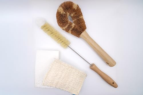 4-Piece Eco-Friendly Dish Cleaning Set | Natural Loofah Scouring Pads, Plant-Based Cellulose Sponges, & Non-Scratch Wooden Sisal Brushes