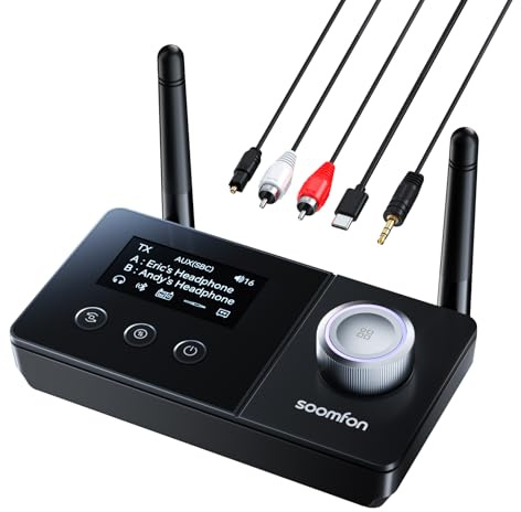 SOOMFON Emetteur Recepteur Bluetooth 5.3, 3 en 1 Adaptateur Bluetooth TV, Transmetteur Audio Bluetooth Double Connexion Longue Portée 30 m, Emetteur pour TV/Casques/Systèmes Audio etc