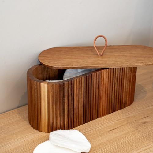 Zoha Akazienholz Aufbewahrungsbox mit Rillenstruktur - Schmuckbox 26 × 10 × 11,5 cm, Holzbox mit Ledergriff, Naturbelassen, Aufbewahrungskiste für Kleinteile - Holzschachtel mit Lederdetails