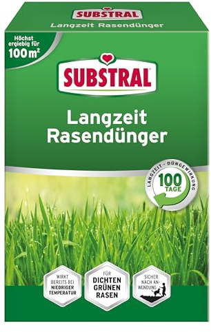 Substral Langzeit Rasendünger 2kg 100m² bis 100 Tage-Düngewirkung | Wirkt bis zu 100 Tage | Fördert dichten strapazierfähigen grünen Rasen | Feinkörniges staubfreies Granulat