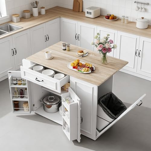 DRIXNO Kücheninsel auf Rollen Servierwagen, Küchenwagen mit Stauraum und ausziehbarer Arbeitsfläche, Mobile Kücheninsel freistehend mit Steckdosenleisten, Buffetschrank für Esszimmer, 110x70x90 cm
