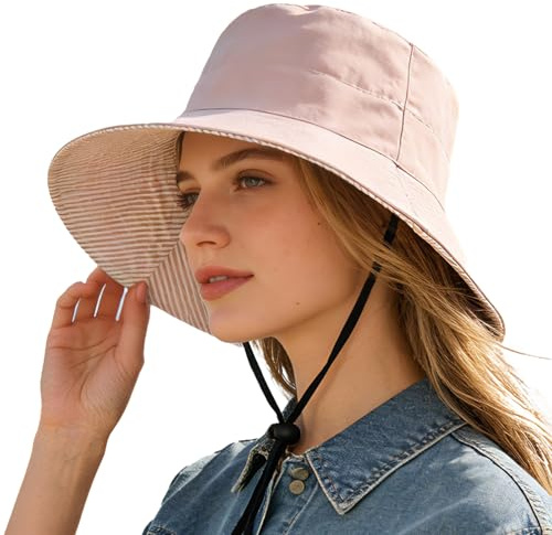 Women's Summer Sun Hat - Reversible Design with Striped Lining Adjustable Brim for Travel and Outings Cap Pink