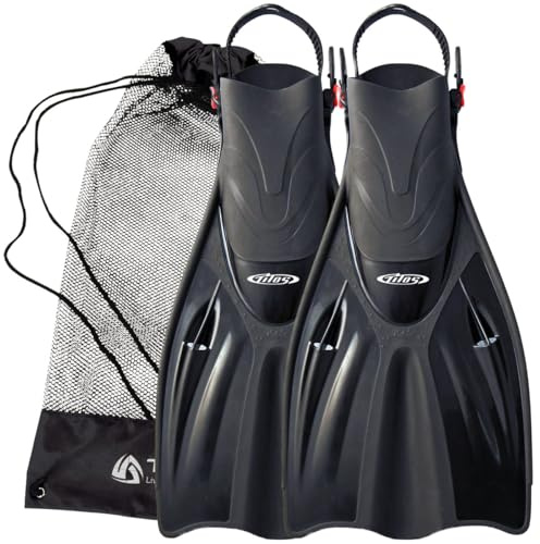 Tilos Getaway Large Open Heel Snorkeling Fins - Travel-Friendly, Adjustable Flippers for Wide Feet (Black, ML/XL (9-13))