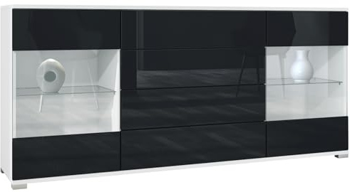 Vladon Buffet Dressoir Bari V2, Corps en Blanc Mat/Façades en Noir Haute Brillance (166 x 72 x 35)